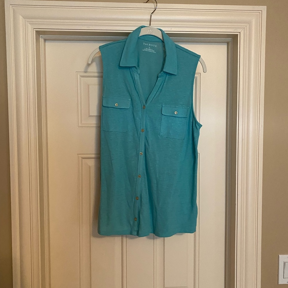 Talbots Turquoise Sleeveless Button-Front Pocket Shirt